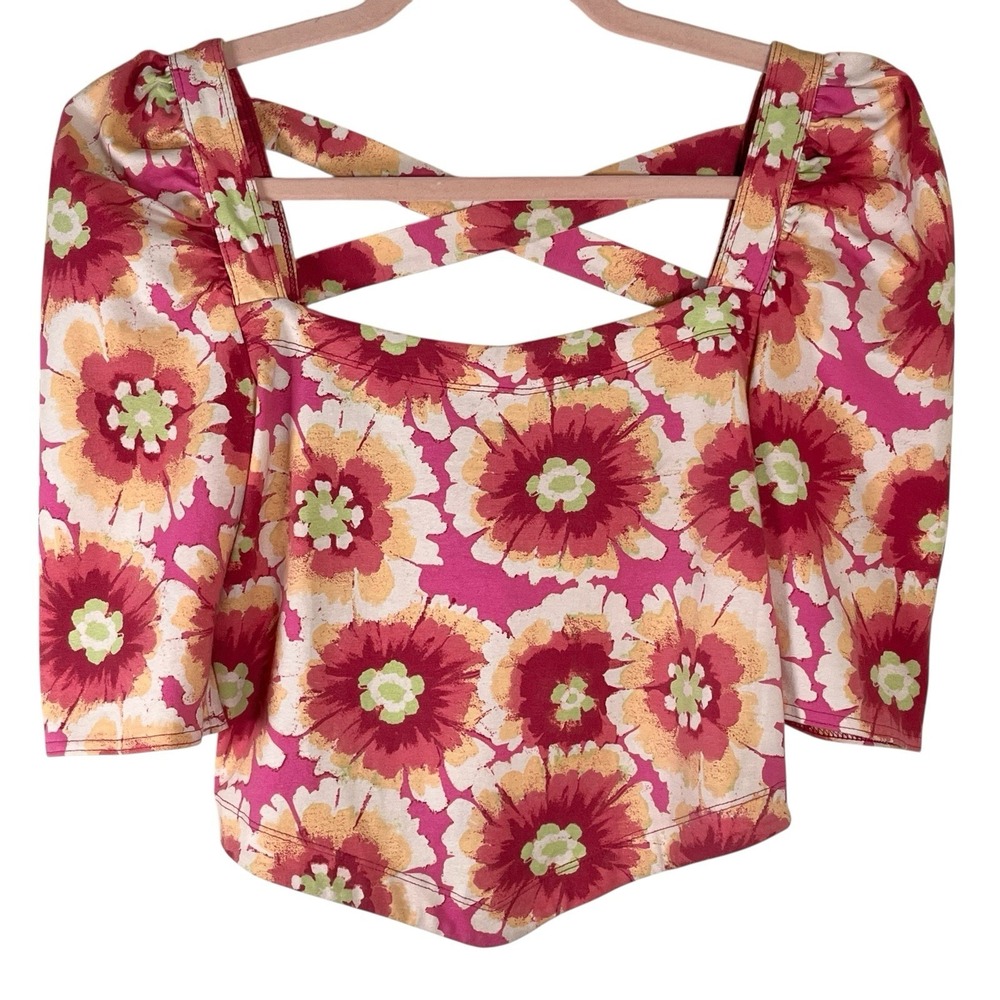 Free People Women's Give Me More Retro Floral Pattern Top Pink Size S Hippie - Picture 2 of 11